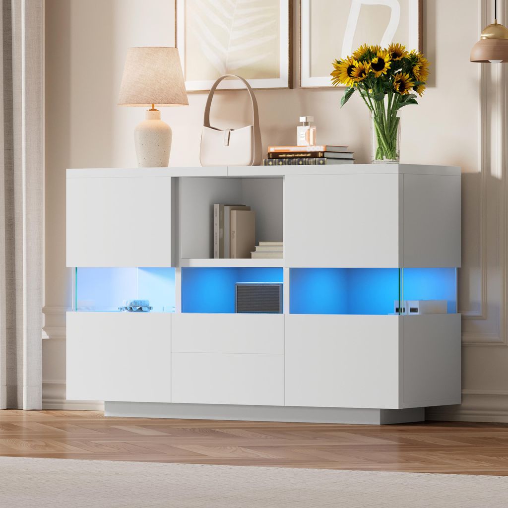 Weißer Minimalismus-Wohnzimmerschrank,Doppelebene: schwebend oben, bodenstehend unten. Vielfältige Stauoptionen, staubgeschützt und hoch belastb...