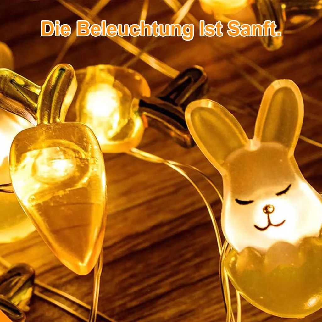 Osterhase & Karotten Lichterkette – LED-Lichterkette Mit Hasen- Und Karotten-Motiven – Batteriebetrieben – Für Ostern, Frühling, Party –