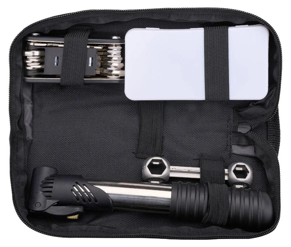 Kit d'outils vélo Dunlop 14 pièces avec mini-pompe et sacoche de selle