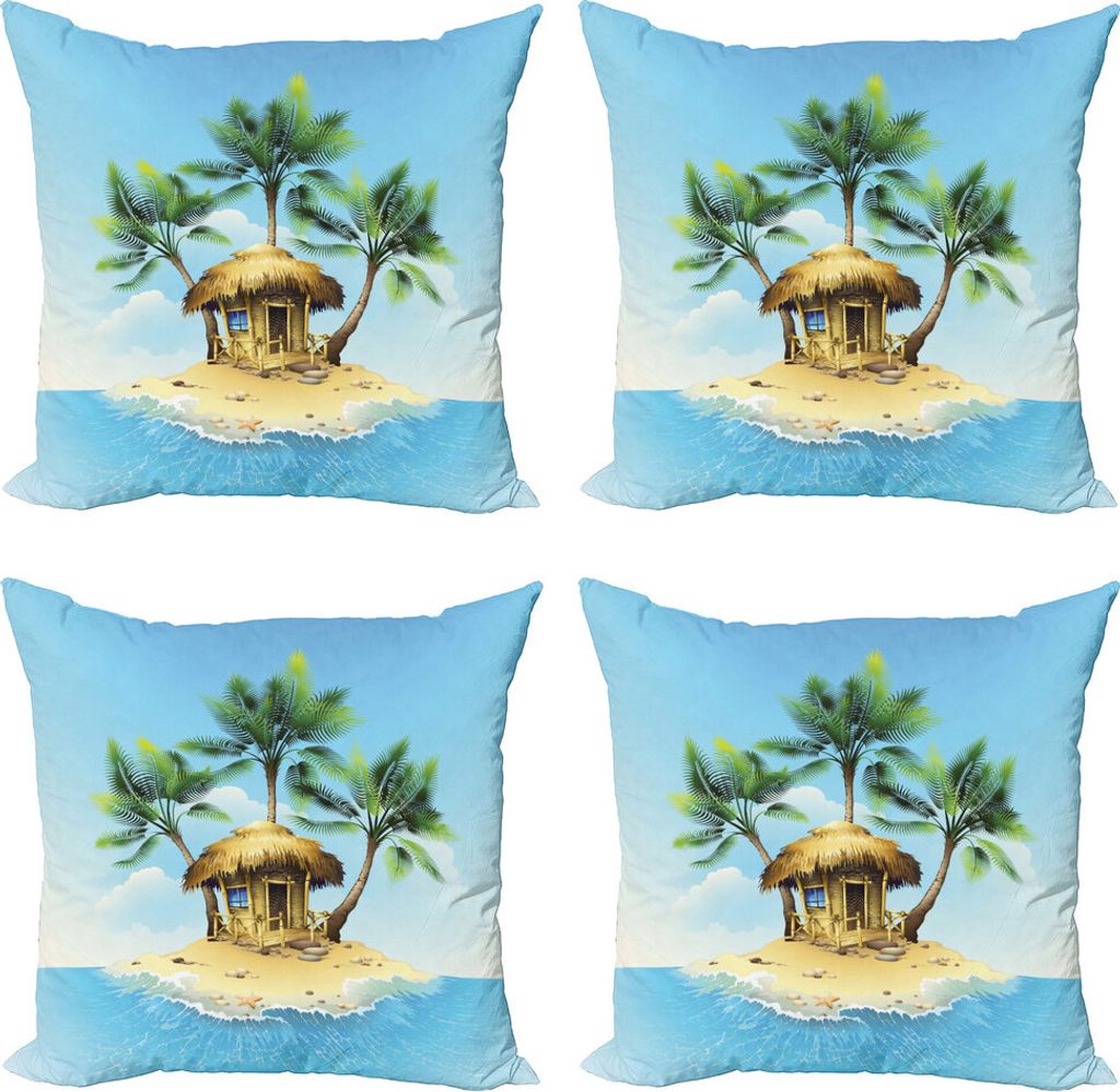 ABAKUHAUS Tropisch Kissenbezug Set (4 Stück), Bungalow mit Palme, Moderner Doppelseitiger Digitaldruck, 60 cm x 60 cm, Aqua Grün Beige