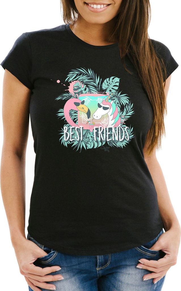 Damen T-Shirt Flamingo Einhorn best Friends Cocktail Party Slim Fit Moonworks schwarz XL