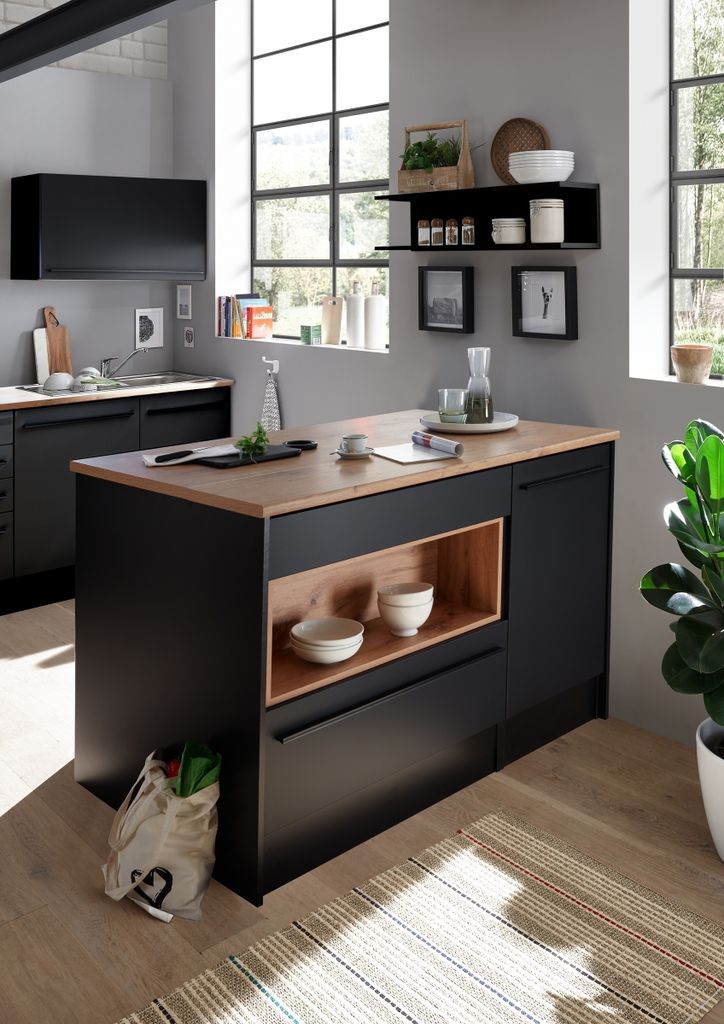 JAZZ Moderne Kücheninsel mit Arbeitsplatte freistehend in Schwarz matt, Lanzelot Eiche Optik - Geräumige Kochinsel mit viel Stauraum - 145 x 90 x...