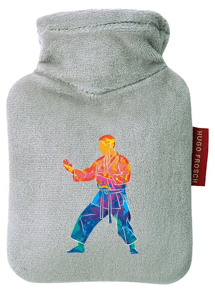 Huuraa Mini-Wärmflasche Karate bunte Silhouette 0,2 Liter Grey Mini Veloursbezug Taschenwärmer Geschenkidee
