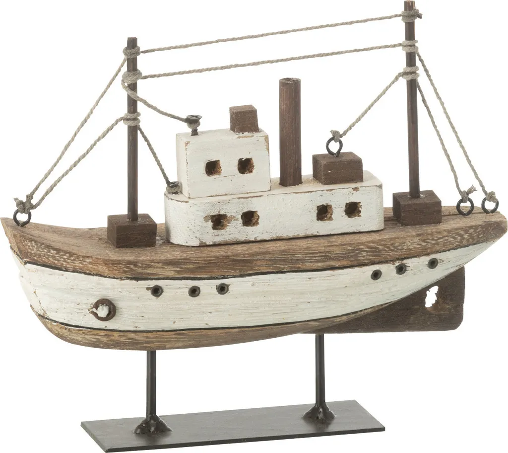 J-Line Bateau sur pied en bois de paulownia naturel et blanc Small