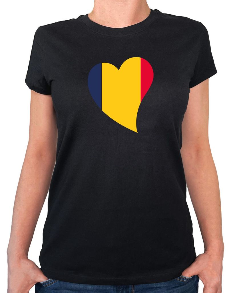 Huuraa Damen T-Shirt Tschad Flagge Herz L Black Bio Baumwolle Fairtrade Damenshirt Geschenkidee