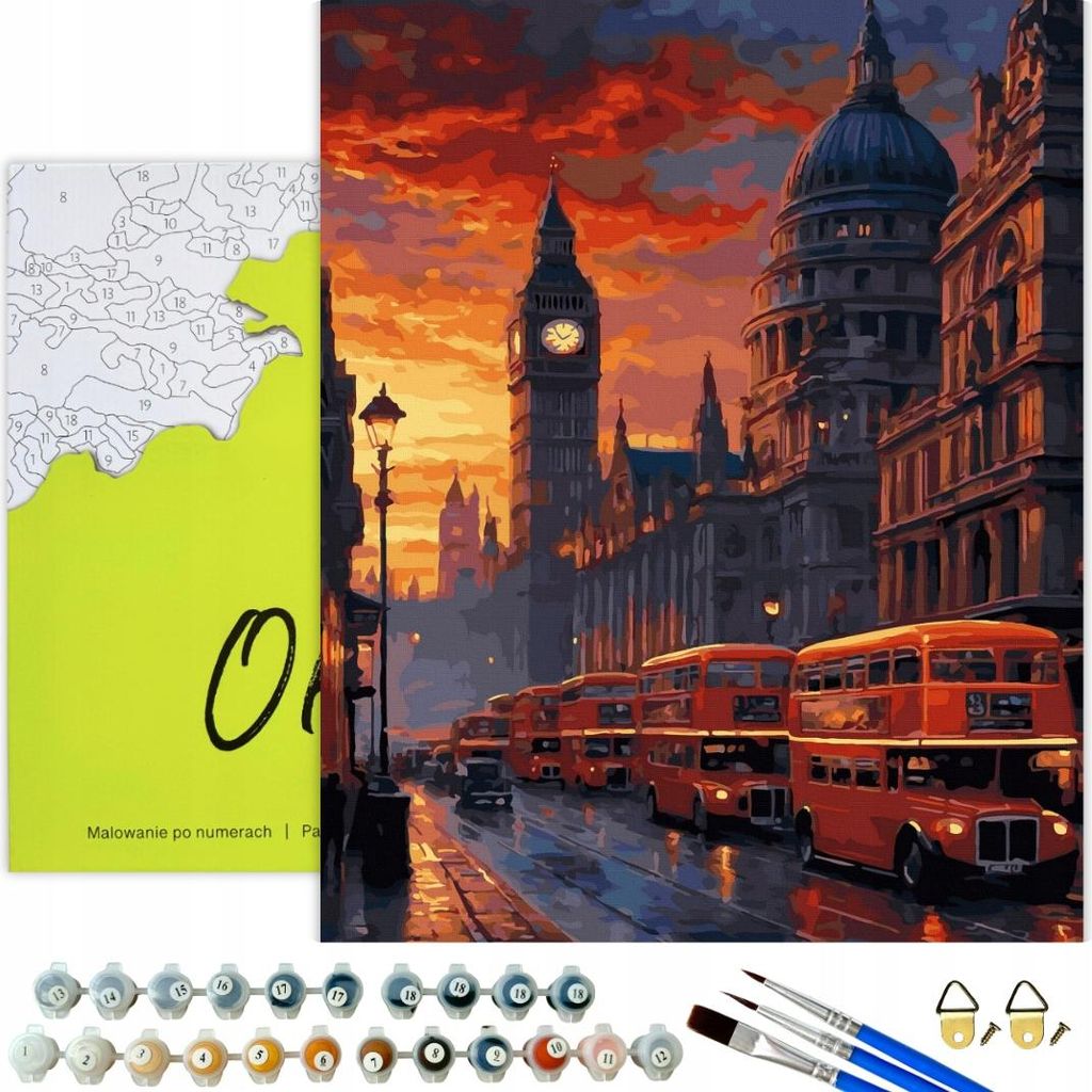 Oh Art! Malen nach Zahlen DIY Set mit Holzrahmen, 31 Acrylfarben 3 Pinseln und Zubehör 40x50 cm – London bei Sonnenuntergang - für Erwachsene &...