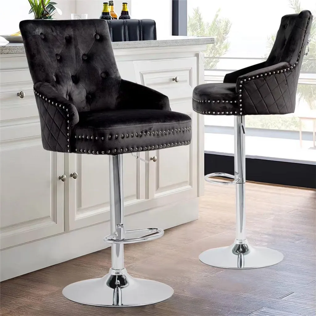 Tabouret de Bar pour Cuisine et Salon en Velours Noir Réglable - x2 - 2