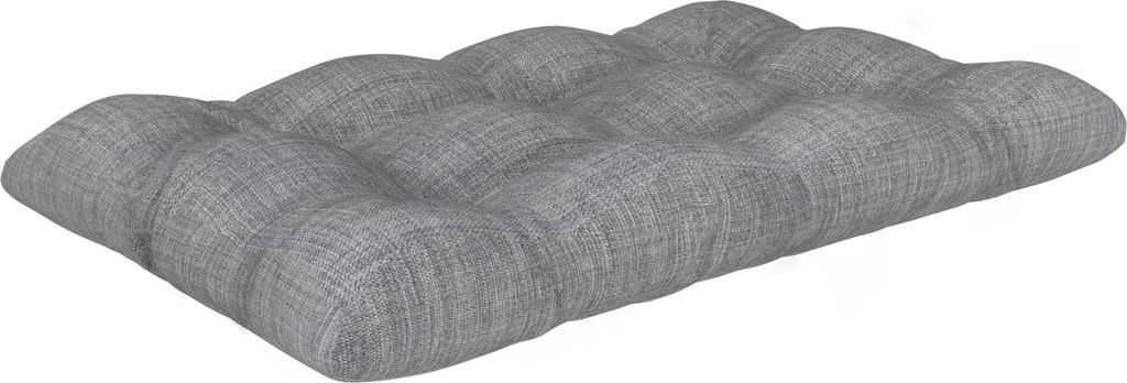 A gray tufted cushion is shown from a diagonal angle against a white background.