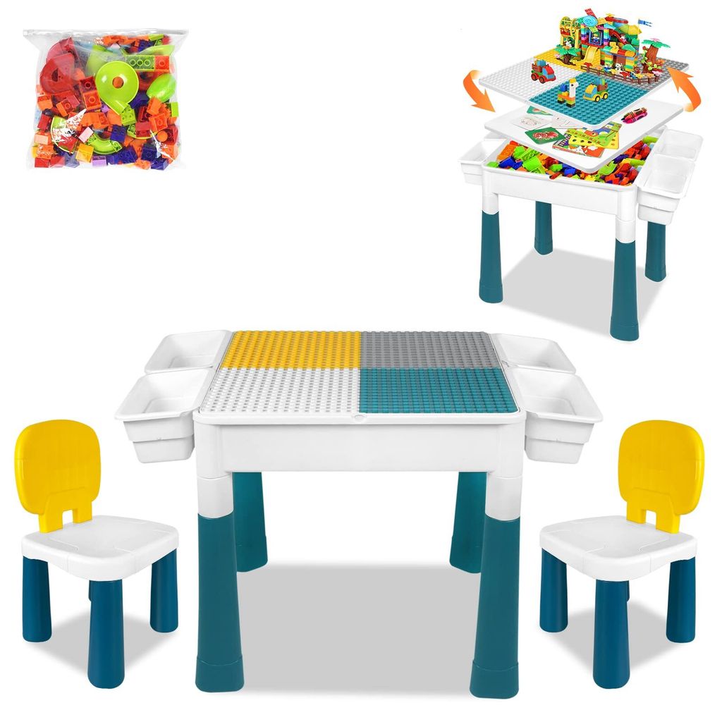 YUENFONG Höhenverstellbarer Kindertisch mit Stühle Set 6 in 1 Bausteine Spieltisch, Große Multifunktionaler Bausteine Set mit 163 Stücke Blocks