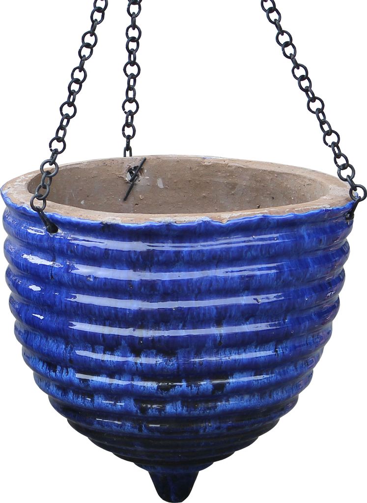 Dehner Hängeampel, konische Blumenampel, Ø 27 cm, Höhe 26 cm, Keramik, blau