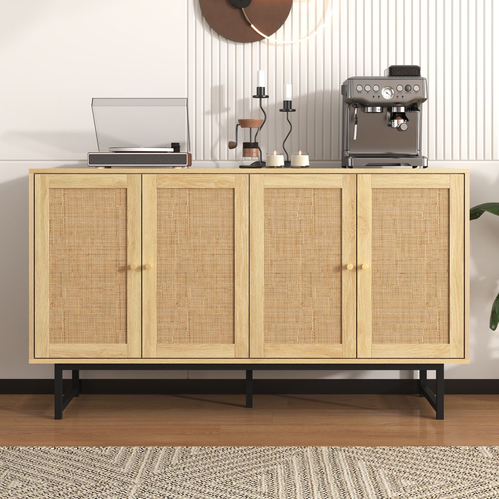 Flieks Sideboard Anrichte mit echtem Rattangeflecht, Schrank mit 4 Türen, Aufbewahrungsschrank im Landhausstil, Küche, Wohnzimmer, Holzfarbe