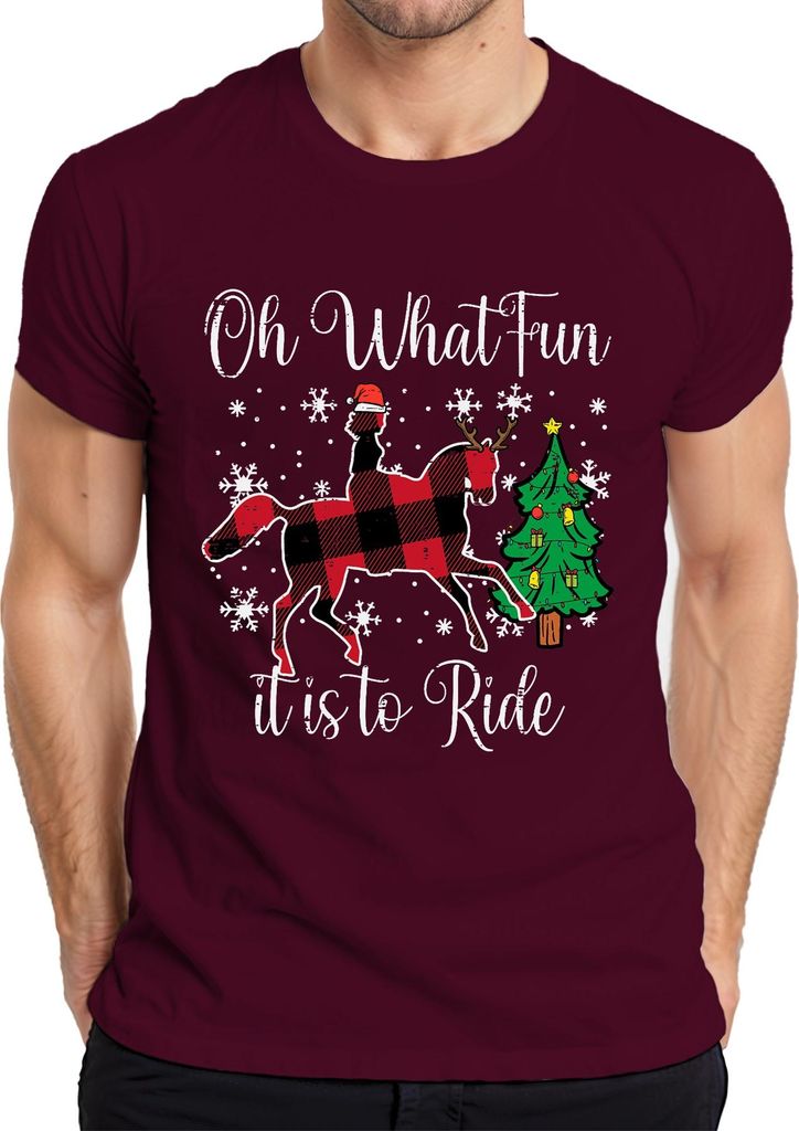 Oh What Fun Tis To Ride Weihnachten Pferd Rentier Buffalo Plaid Herren T-Shirt, Burgundy, M