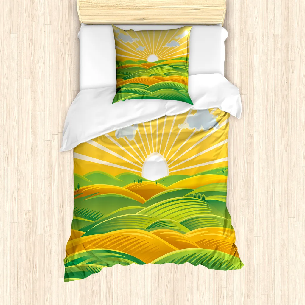 ABAKUHAUS Set copripiumino celtico verde per letti singoli, Felder Hills at Dawn, antiacaro, adatto a chi soffre di allergie, con federa, 135 cm x 200 cm - 80 x 80 cm, verde lime ambra