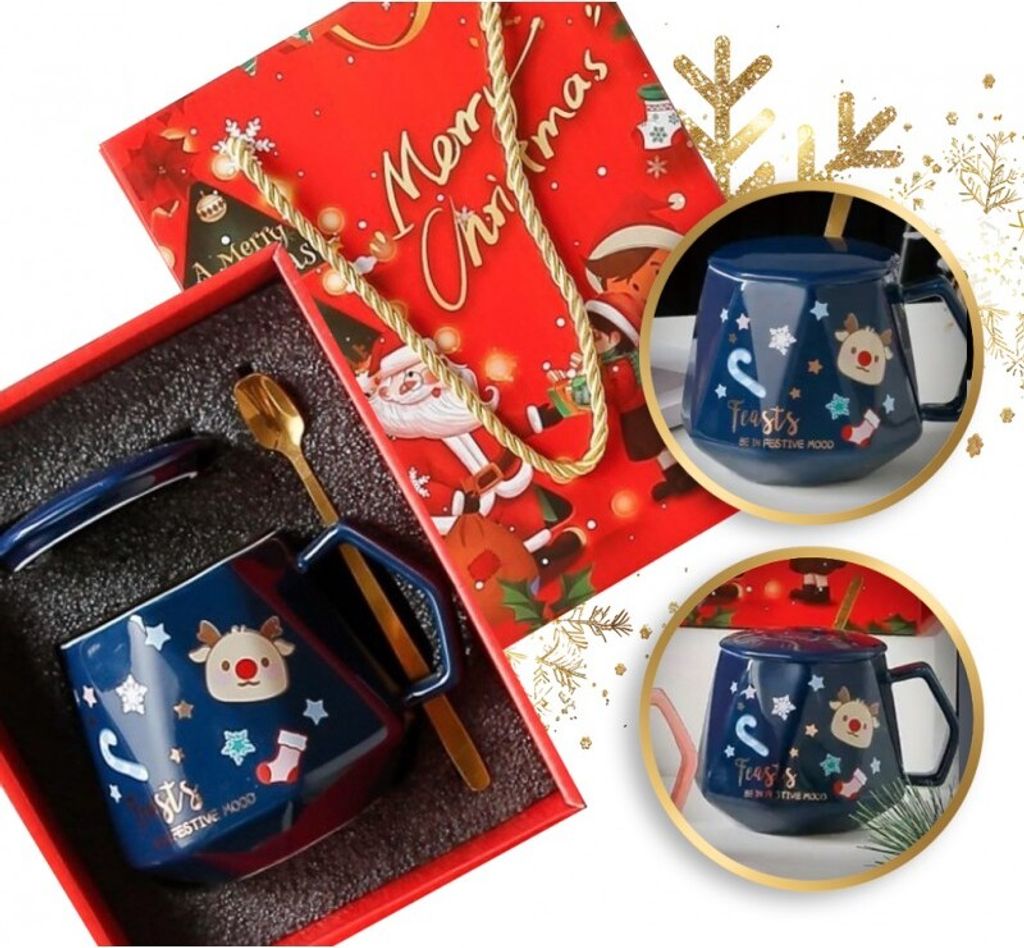 Weihnachtsbecher - Set im Karton mit Deckel und Löffel 225 ml, blau kb08n