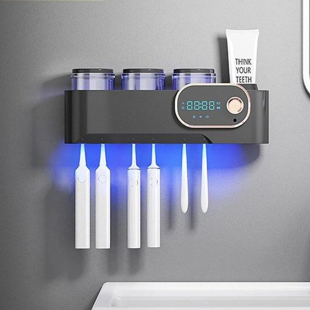 Support brosse à dents stérilisateur UV noir avec minuterie intelligente