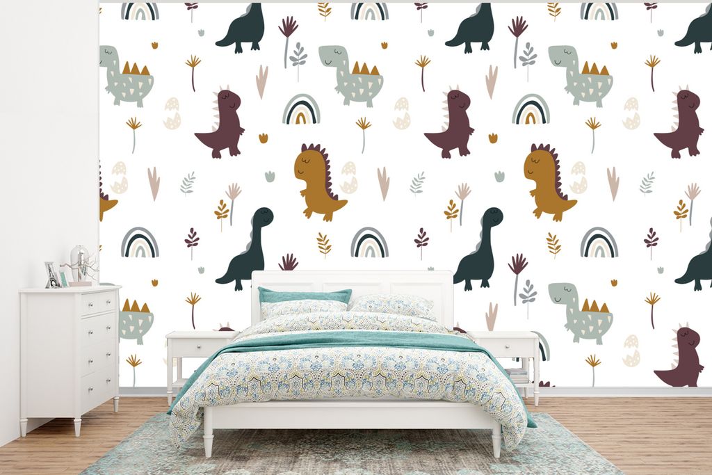 MuchoWow Fototapete für Wohnzimmer oder Schlafzimmer Wandtapete Vinyl Motivtapete Schnittmuster - Jungen - Dino - 295x220 cm - Wand Tapete