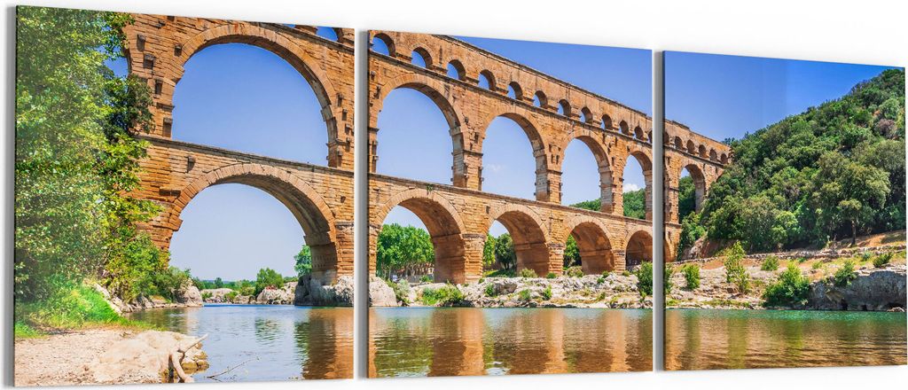 DEQORI Glasbilder Acryl 3x50x50 cm 'Blick auf Pont du Gard' Wandbilder XXL groß