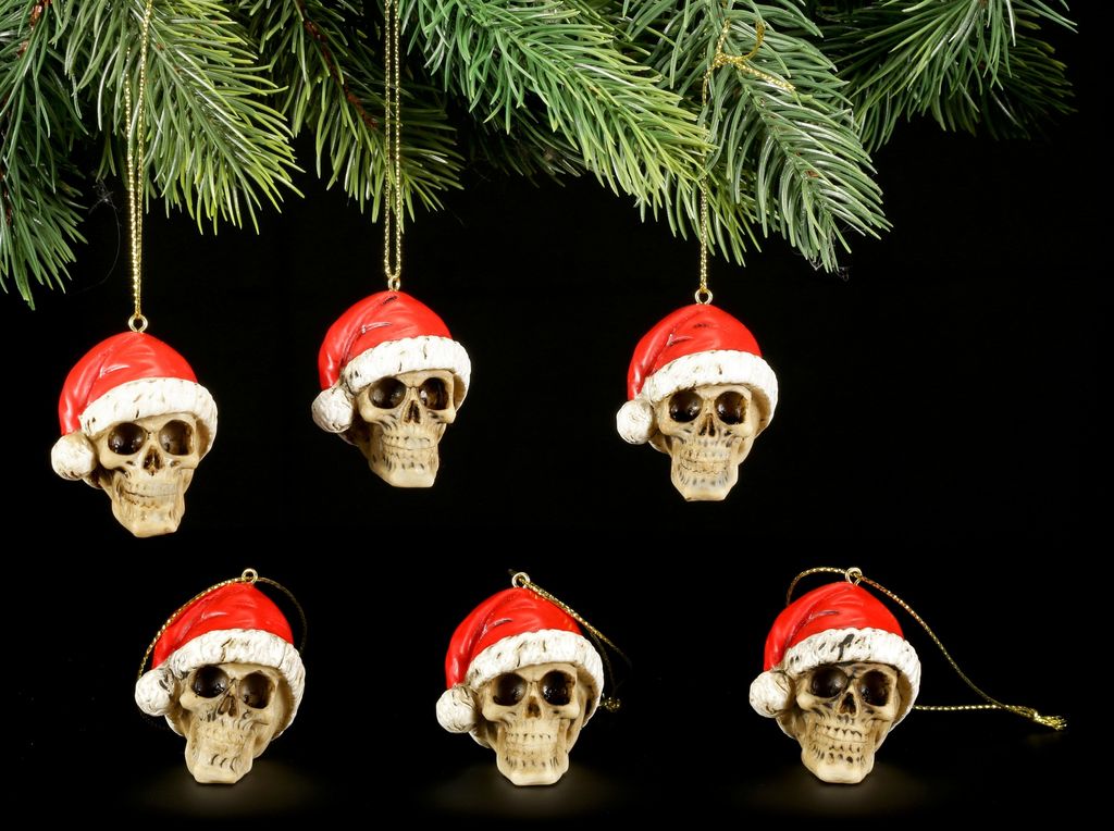 Skull Christbaumkugeln - 6er Set Totenköpfe mit Weihnachtsmütze