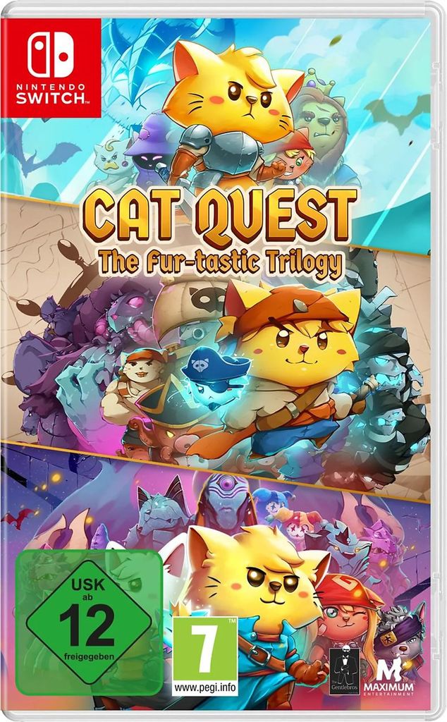 The image shows the front cover of a Nintendo Switch game case for 'Cat Quest - The Fur-tastic Trilogy'. It features cartoon cat characters and game title.