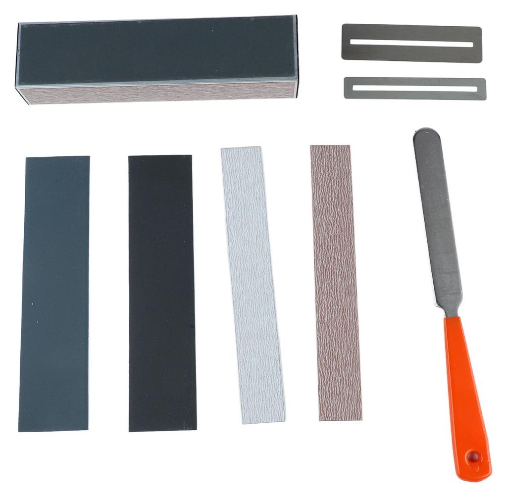 Gitarrenbauer-Werkzeugset, Reparaturwerkzeug: 2 Griffbrettschutzbleche, 1 Bundabrichtlehre, 1 Feile, 4 Schleifpapiere