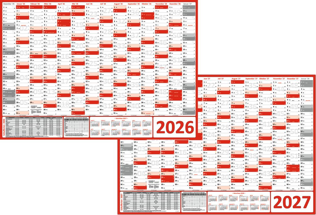 XXL Wandkalender Wandplaner 2026 + 2027 rot (gerollt) DIN A0 Format (841 x 1189 mm) 14 Monate, komplette Jahresvorschau Folgejahr und Ferientermine...