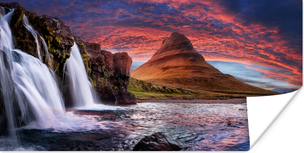 MuchoWow Poster Wasserfall - Berg - Wolken - Rosa - Landschaft 160x80 cm - Foto Poster