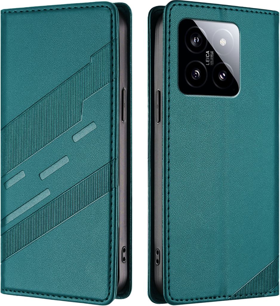 Hülle für Xiaomi 14, Kunstleder Brieftaschen Handyhülle mit Kartenfach und Standfunktion Grün