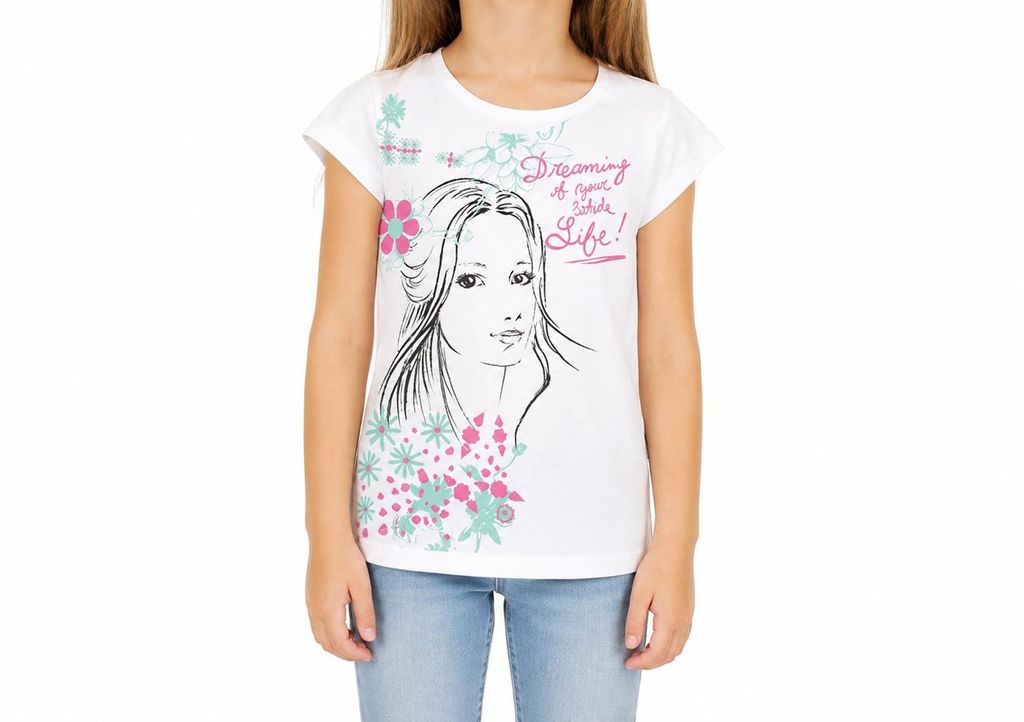 30472 Mädchen T-Shirt Weiß Gr. 128 – Kurzarmshirt mit Fashion-Motiv Stummer – Baumwolle