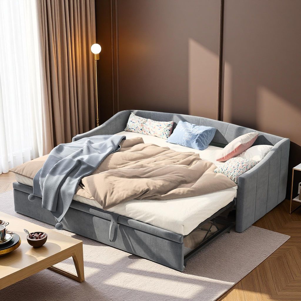 UnboxG Schlafsofa 2-in-1, grau, Samtstoff, 90x200 cm / 180x200 cm, Bettsofa & Sitzsofa