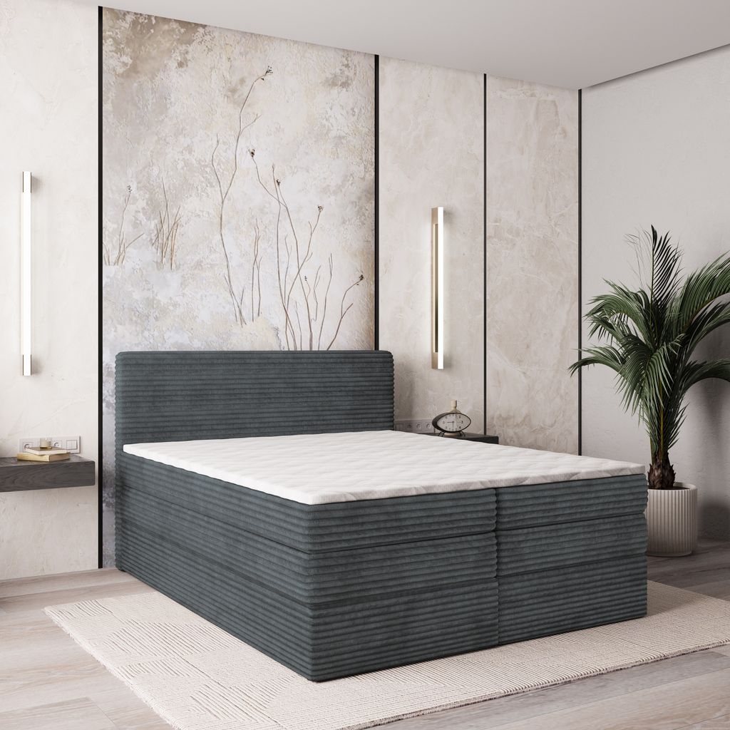 Masseno Boxspringbett LUNERA 160x200 cm Komplett-Set mit Bonell Matratze und Topper, Polsterbett mit Bettkästen -Grau, TILIA 90