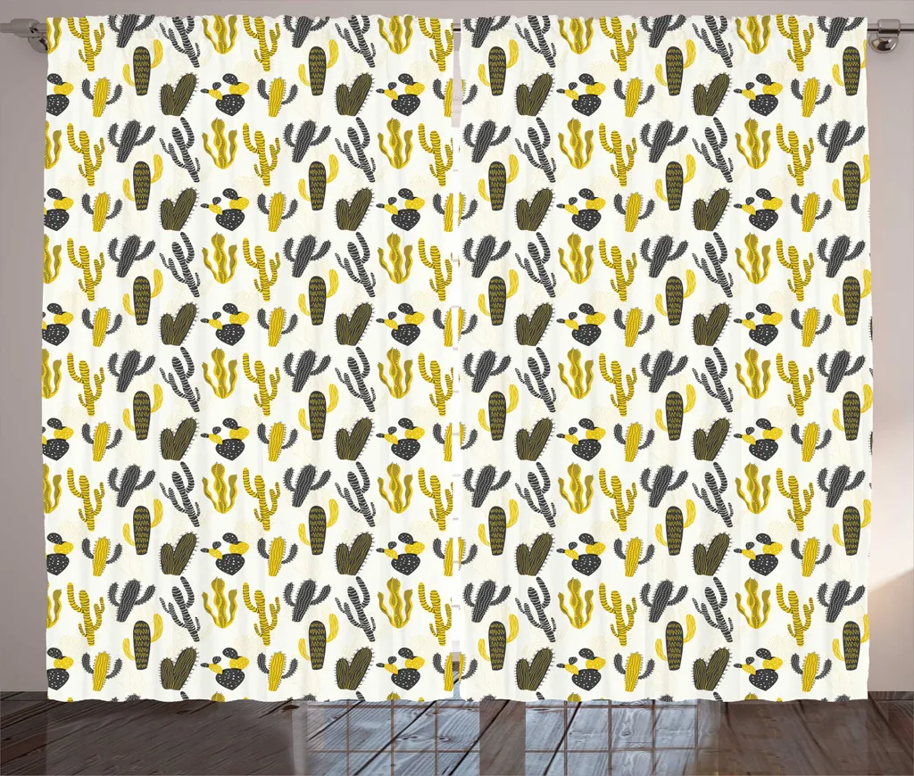Rideau Facile à Installer pour Salon Lumineux Motif Cactus Gris Jaune