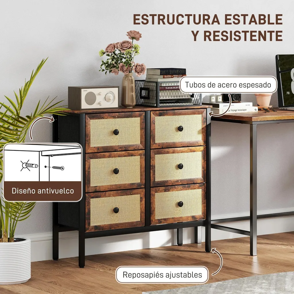 Commode 6 tiroirs pliables gain de place brun rustique finition mate