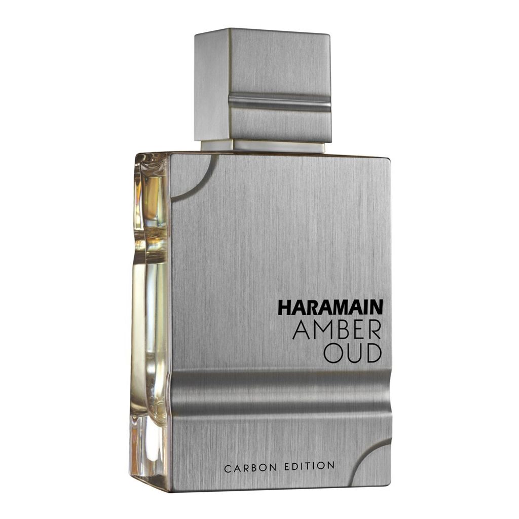 A studio shot of a bottle of Al Haramain Amber Oud Carbon Edition Eau de Parfum.