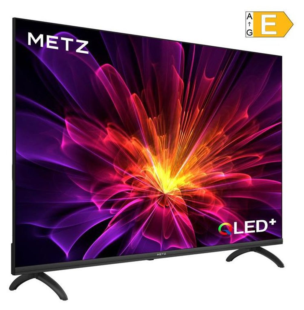 A television screen displaying a colorful abstract image, with the brand logo and energy efficiency rating visible.