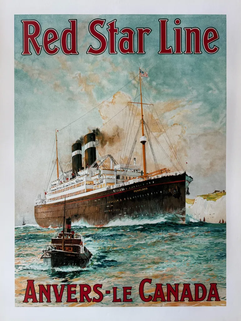 Poster vintage Red Star Line, grande affiche de voyage Anvers Canada