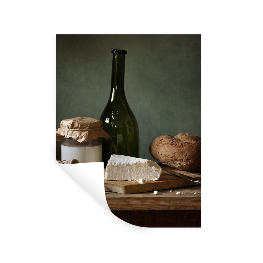 MuchoWow Wandtattoo Wandsticker Wandaufkleber Rustikal - Brie - Stillleben - Flasche - Brot 120x160 cm Selbstklebend und Repositionierbar - Wierd...