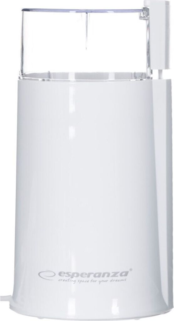 A white electric coffee grinder on a white background.