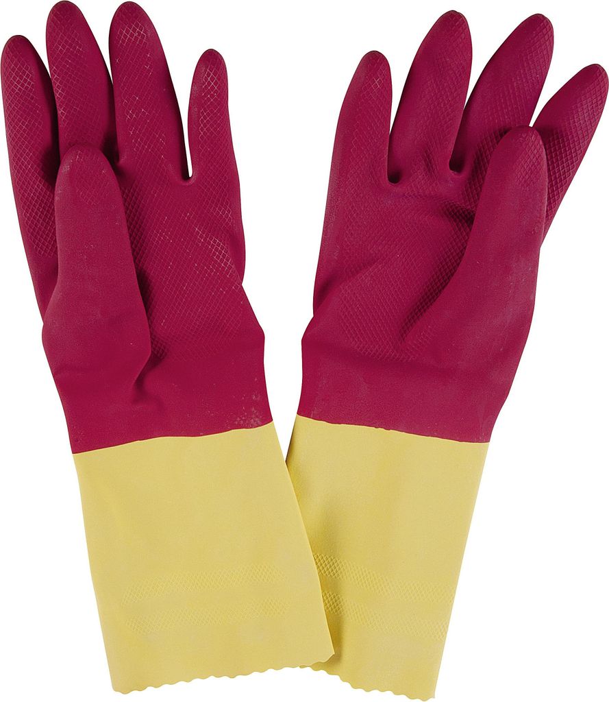 A pair of red and yellow rubber gloves are shown against a white background.