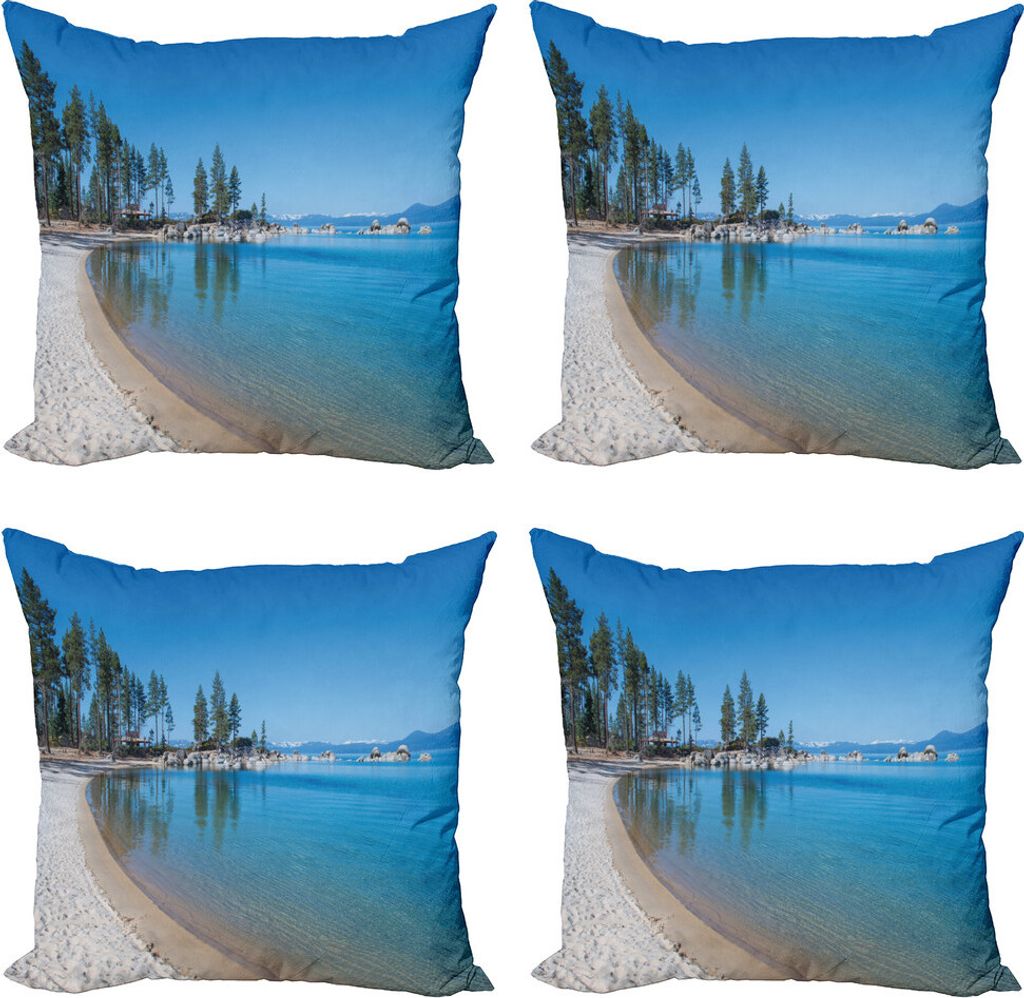 ABAKUHAUS Lake Tahoe Kissenbezug Set (4 Stück), Clear Lake und Shore, Moderner Doppelseitiger Digitaldruck, 45 cm x 45 cm, Forest Green Azure Blau