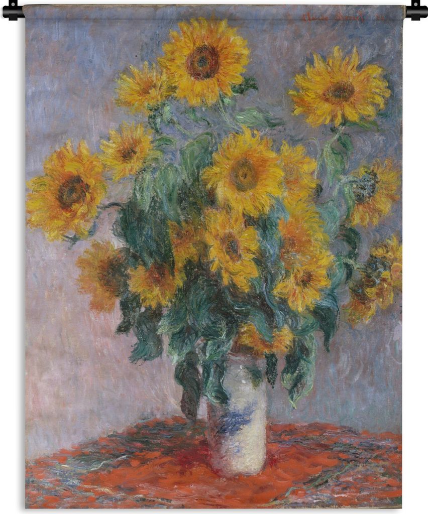 MuchoWow Wandteppich Wandbehang Blumenstrauß mit Sonnenblumen - Gemälde von Claude Monet 150x200 cm Tapisserie Dekoration Wandtuch - Wandaufhä...