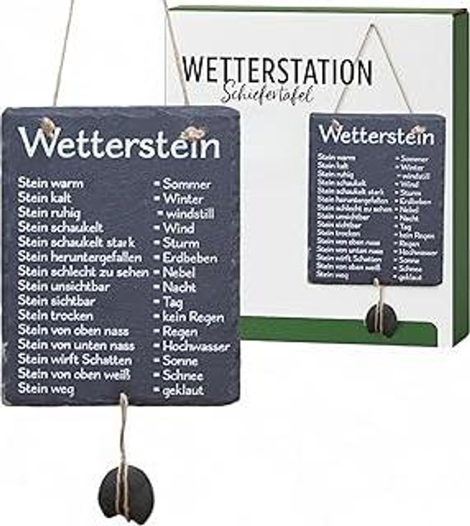 MIJOMA Wetterstein Schiefertafel – Wetterstation aus Schiefer mit Juteband – rustikale Deko für Garten & Haus – lustige Wettervorhersage –...