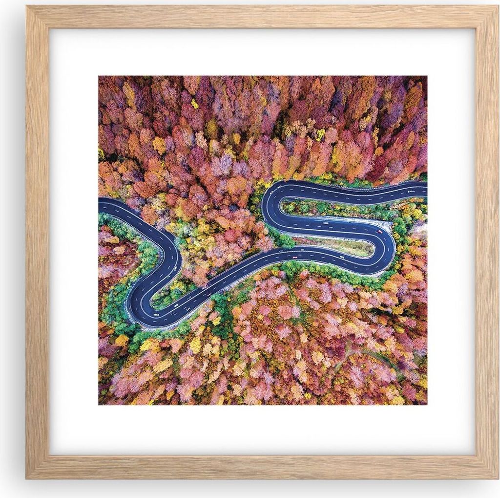 Gerahmtes Poster - Rahmen in heller Eiche - Kurvenreich Weg Wald - 30x30 cm - Wand Bild - Wanddeko - Wandbilder - Wandposter - Bilderrahmen - Bilde...