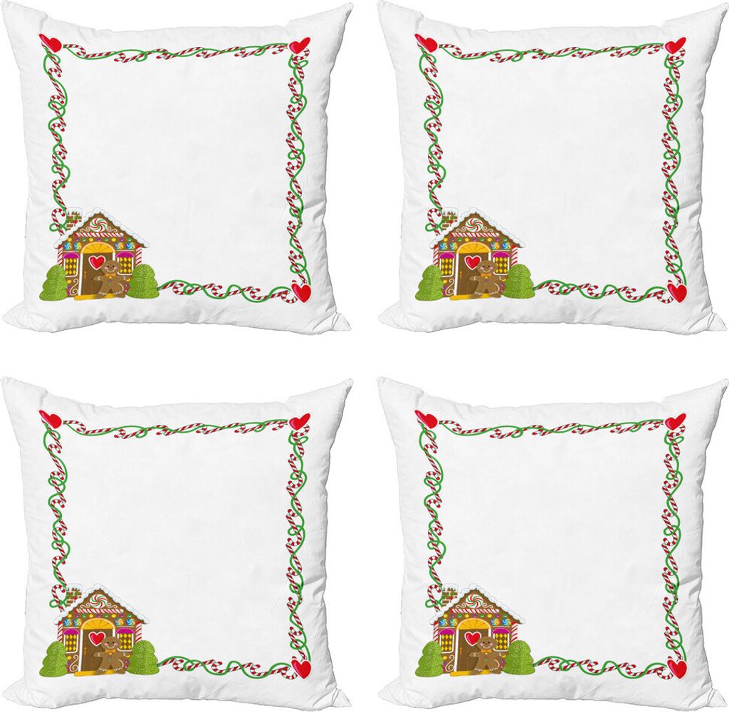 ABAKUHAUS Weihnachten Kissenbezug Set (4 Stück), Lebkuchenhaus, Moderner Doppelseitiger Digitaldruck, 45 cm x 45 cm, Mehrfarbig