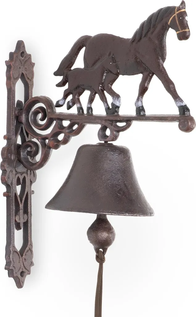 Cloche de porte de jardin en fonte style antique cheval et poulain