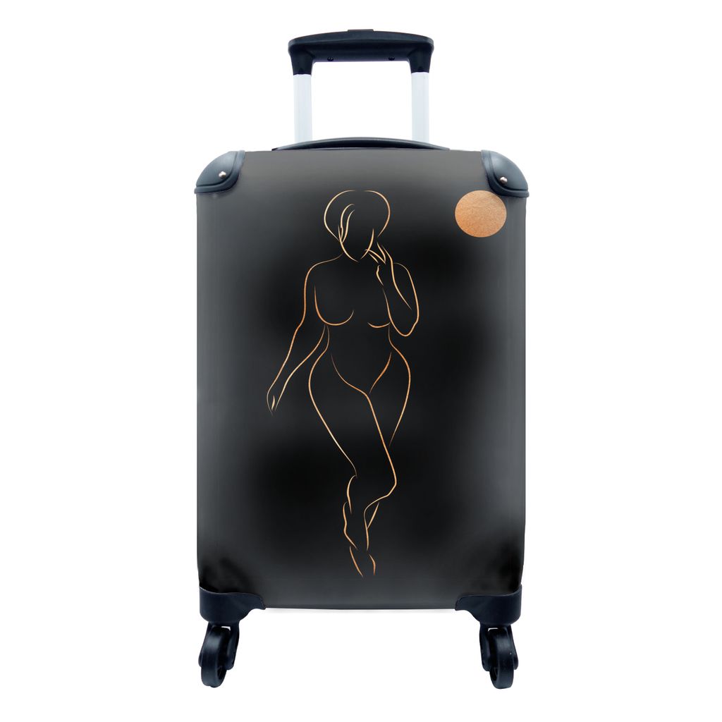 MuchoWow Koffer Handgepäck Trolley Rollkoffer Kleine Reisekoffer mit 4 Rollen - Frau - Mond - Schwarz und Gold - Strichzeichnung - Cabin Size < ...