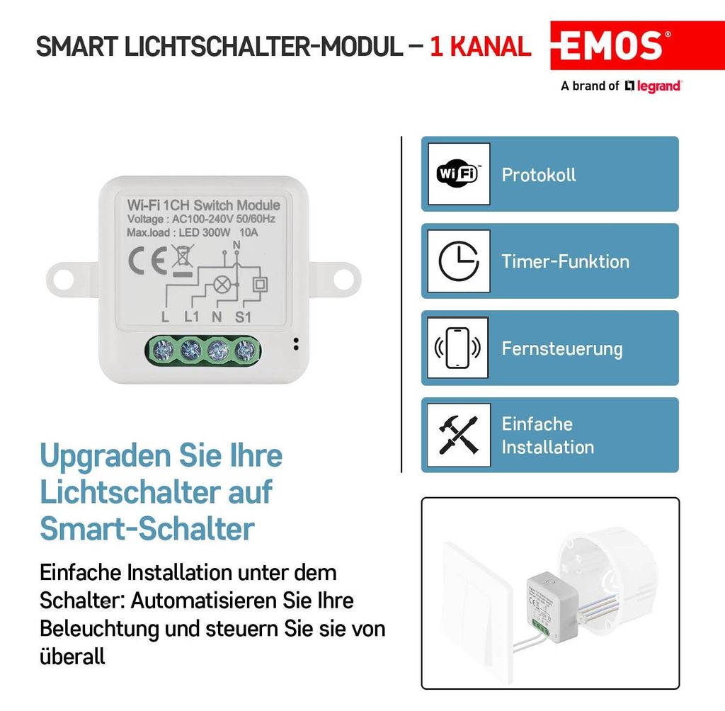 EMOS GoSmart WiFi Lichtschalter-Modul/WLAN Smart Switch mit Produktbild 