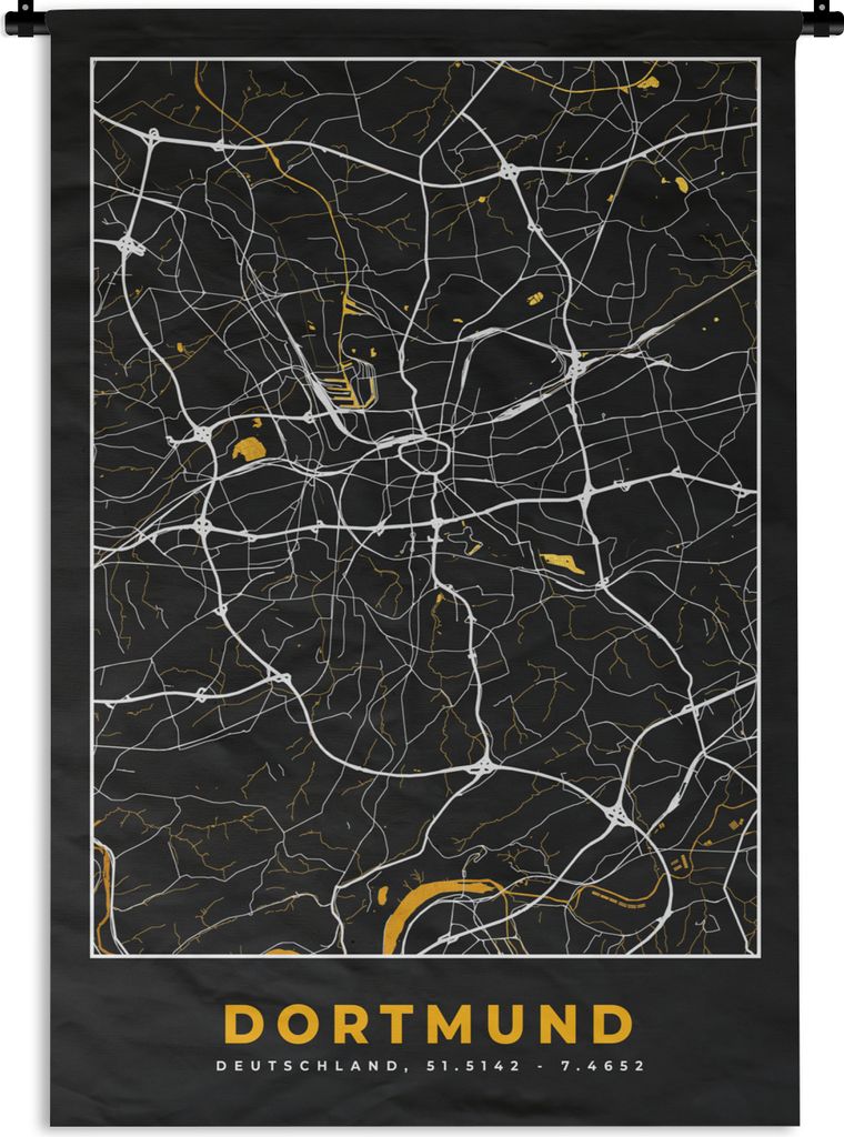 MuchoWow Wandteppich Wandbehang Dortmund - Gold - Deutschland - Karte - Stadtplan 120x180 cm Tapisserie Dekoration Wandtuch - Schlafzimmer - Deko...