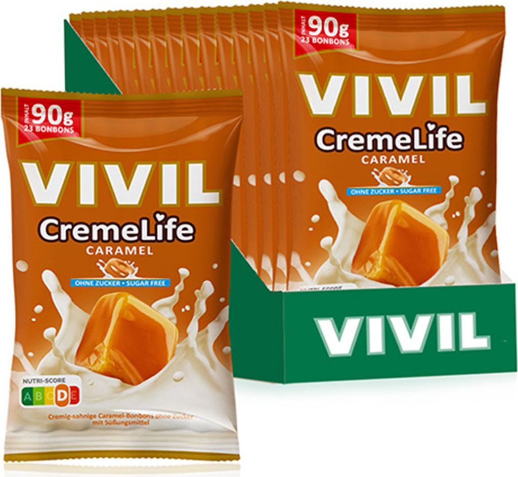 A display of VIVIL CremeLife Caramel sugar-free bonbons.