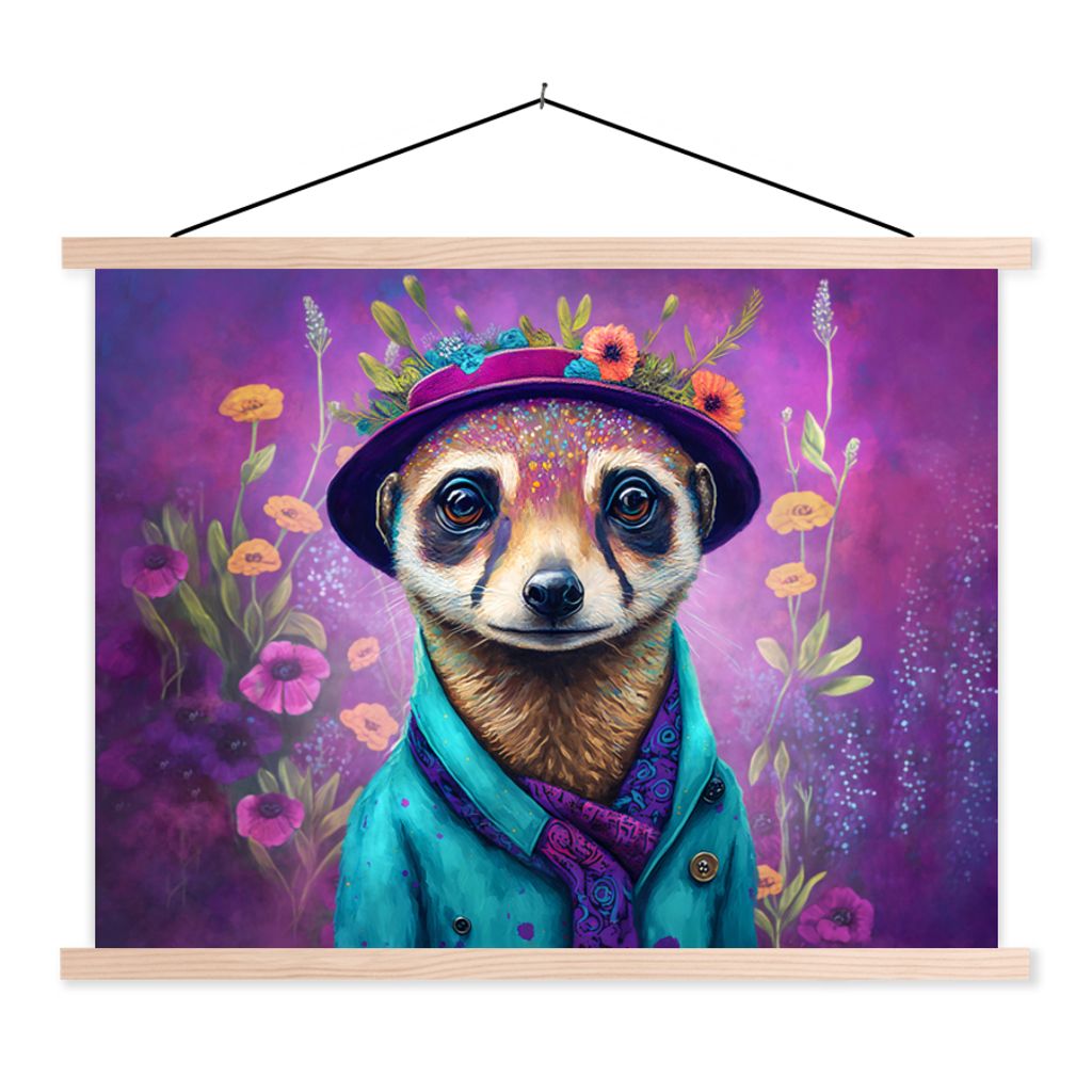 MuchoWow Textilposter Erdmännchen - Blumen - Farbe - Lila - Porträt - Erdmännchen 40x30 cm mit holzfarbenen Rahmen - Bilder
