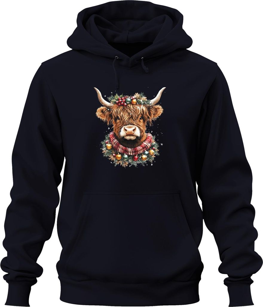 Highland Kuh Weihnachtskranz Christbaumkugeln Schal Retro Uni Hoodie Kapuzenpullover, Navy, L